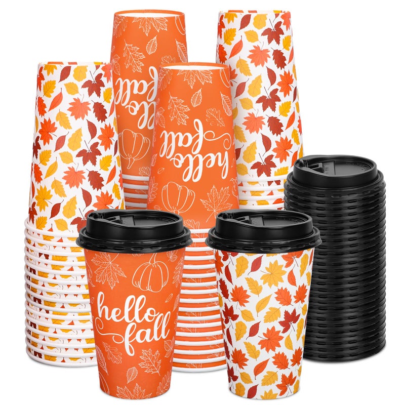 Whaline 50 Pcs Hello Fall Coffee Paper Cups Autumn Leaves Pumpkin 16oz Disposable Cups with Lids for Hot Cold Drinks Thanksgiving Holiday Party Supplies - Image 1